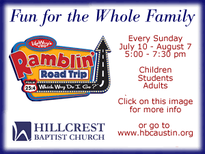 FUN FOR THE WHOLE FAMILY!
Come join us for a
RAMBLIN' ROAD TRIP
This Sunday @ 5:00 p.m.
Click here for more information.

(You must be connected to the internet to see this picture.)